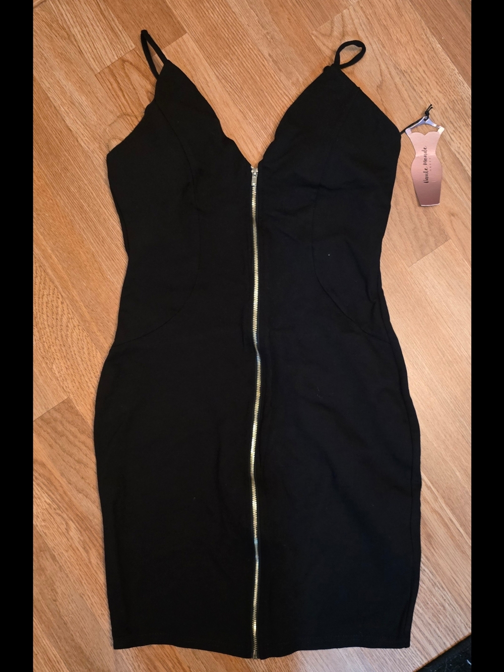 Haute Monde Black Mini Dress with two-tone silver and gold Zip Front - Size Med